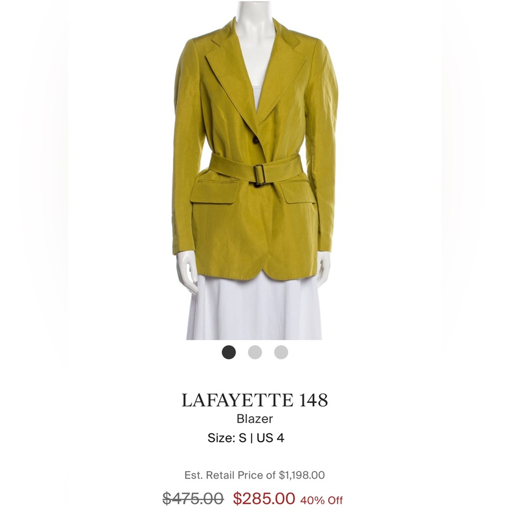 Chartreuse Lafayette 148 Blazer Jacket w belt, size US 16 (55% silk, 45% linen)